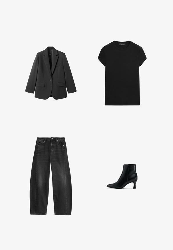 Sort blazer lavet af glat stof med en hakket revers, enkelt knaplukning og to forlommer. Enkel, skræddersyet design.; Sort T-shirt med korte ærmer og rund hals med synligt mærke i halsudskæringen, centralt placeret på en hvid baggrund.; Sorte jeans med vide ben, fem lommer, synlig knap foran og bæltestropper, vist mod en hvid baggrund.; Sort læderankelstøvle med spids tå, slankt design og en afsmalnet, buet hæl. Glat overflade med minimal accentdetaljering.