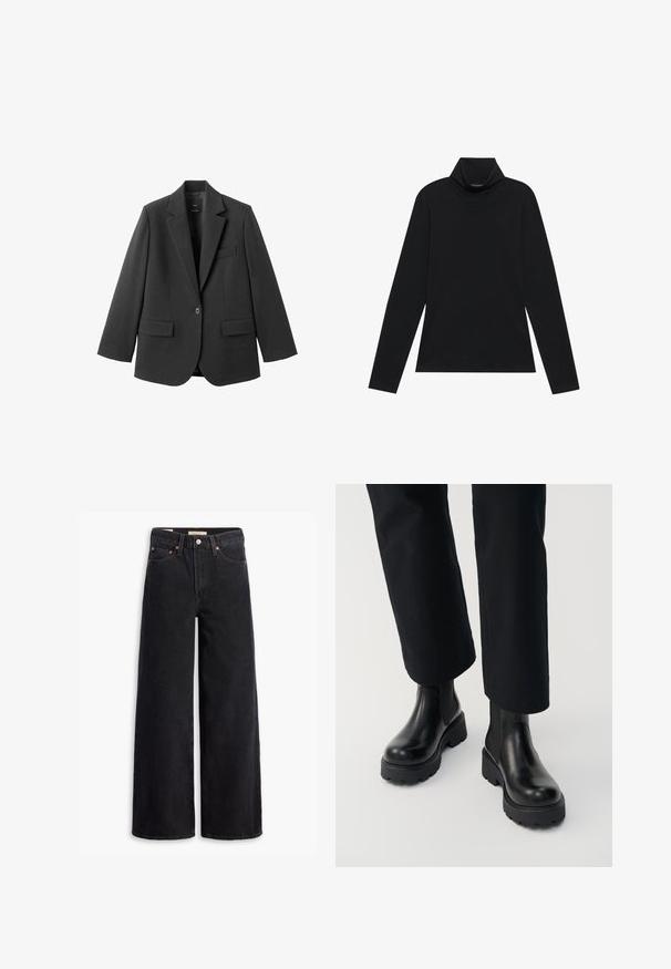 Zwart colbert van gladde stof, met een inkeping op de revers, enkele knoopsluiting en twee voorzakken. Eenvoudig, op maat gemaakt ontwerp.; Zwarte langetermijn turtleneck. Zachte stof, getailleerd design, hoge kraag en zijnaad. Eenvoudige en veelzijdige stijl die geschikt is voor het laagjes dragen.; Zwarte brede jeans gemaakt van denim, met vijf zakken, koperen klinknagels en een klassieke knoopsluiting. Glad van textuur met een strakke uitstraling.; Persoon die zwarte leren enkellaarzen met dikke zool draagt, gecombineerd met zwarte broek met rechte pijpen op een witte achtergrond.