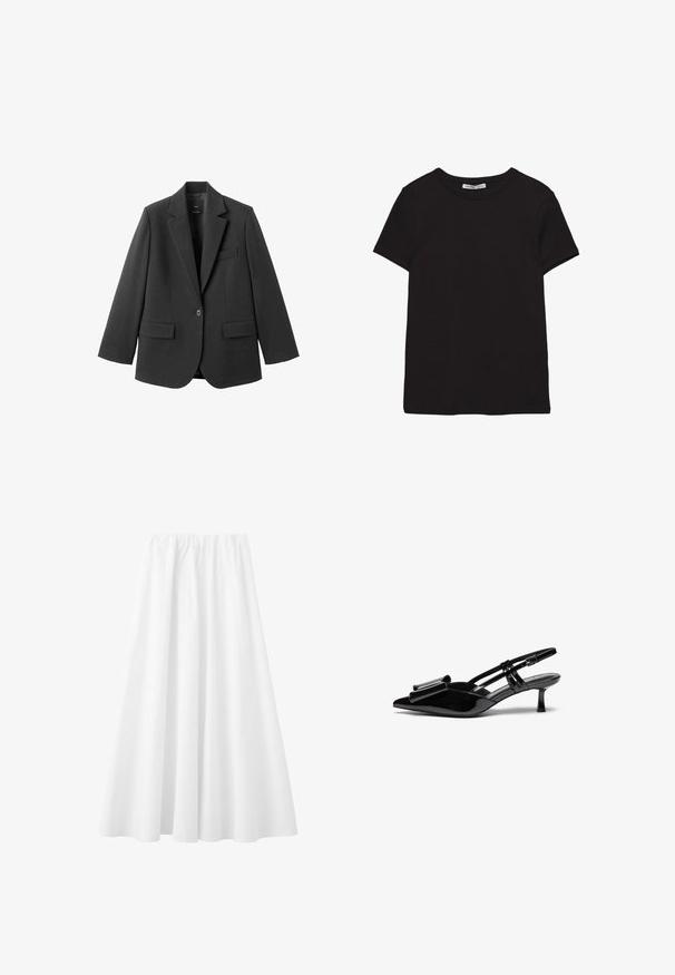 Blazer noir en tissu lisse, doté d'un revers cranté, d'une fermeture à un bouton et de deux poches avant. Design simple et ajusté.; T-shirt noir en coton à manches courtes avec encolure ronde, coupe standard et étiquette intérieure visible au niveau du col.; Longue jupe blanche avec une taille élastique et un tissu fluide s'étendant jusqu'à l'ourlet.; Talons aiguilles en cuir verni noir avec un bout pointu, un détail en nœud à l'avant et un petit talon stiletto. Les brides sont équipées de boucles ajustables.