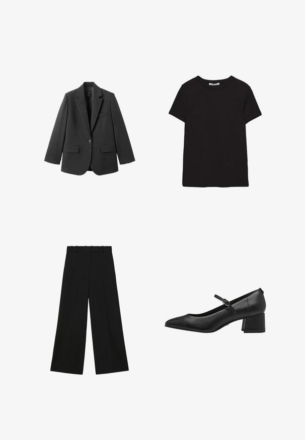 Sort blazer lavet af glat stof med en hakket revers, enkelt knaplukning og to forlommer. Enkel, skræddersyet design.; Sort kortærmet t-shirt i bomuld med rund halsudskæring, standard pasform og synlig indvendig halsmærkat.; Sorte vidde bukser med bæltestropper og høj talje, vist på hvid baggrund.; Sorte læder lavhælede pumps med spidse tæer, ankelrem og struktureret finish. Simpelt design med en robust blokhæl.