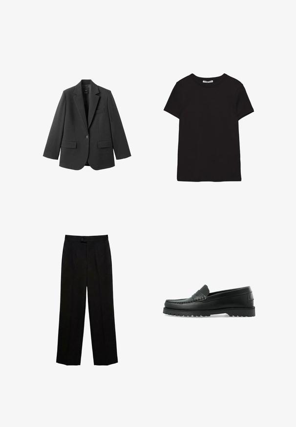 Blazer noir en tissu lisse, doté d'un revers cranté, d'une fermeture à un bouton et de deux poches avant. Design simple et ajusté.; T-shirt noir en coton à manches courtes avec encolure ronde, coupe standard et étiquette intérieure visible au niveau du col.; Pantalon noir à jambes droites avec fermeture par bouton et zip, à taille haute avec plis devant.; Mocassin en cuir noir avec semelle épaisse à crampons, coutures moc-toe et une bride sur le dessus, présenté en vue latérale sur fond blanc.