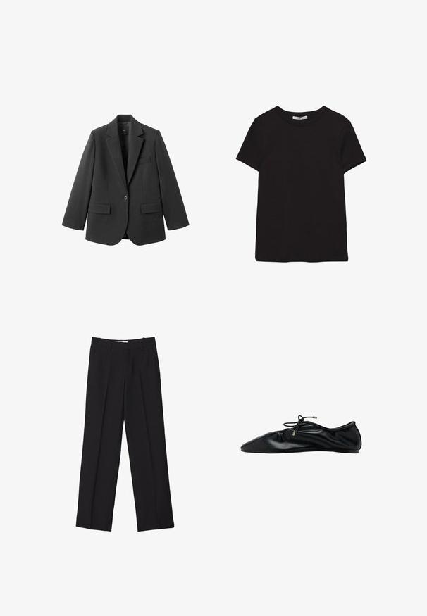 Blazer noir en tissu lisse, doté d'un revers cranté, d'une fermeture à un bouton et de deux poches avant. Design simple et ajusté.; T-shirt noir en coton à manches courtes avec encolure ronde, coupe standard et étiquette intérieure visible au niveau du col.; Pantalons noir sur mesure avec une coupe droite, présentant des plis doubles, une texture lisse et des détails de couture frontale subtils.; Ballerine plate en cuir noir avec bout froncé et lacet à nouer orné d'embouts métalliques, vue latérale minimaliste et élégante.