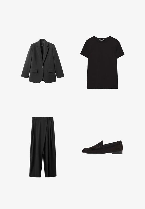 Blazer noir en tissu lisse, doté d'un revers cranté, d'une fermeture à un bouton et de deux poches avant. Design simple et ajusté.; T-shirt noir en coton à manches courtes avec encolure ronde, coupe standard et étiquette intérieure visible au niveau du col.; Pantalon noir à jambes larges avec taille haute, plis sur le devant, passants pour ceinture et fermeture avant dissimulée.; Mocassins en daim marron à texture lisse, dotés d'un talon bas et d'une forme arrondie à l'avant. Le dessus présente des accents de couture subtils.