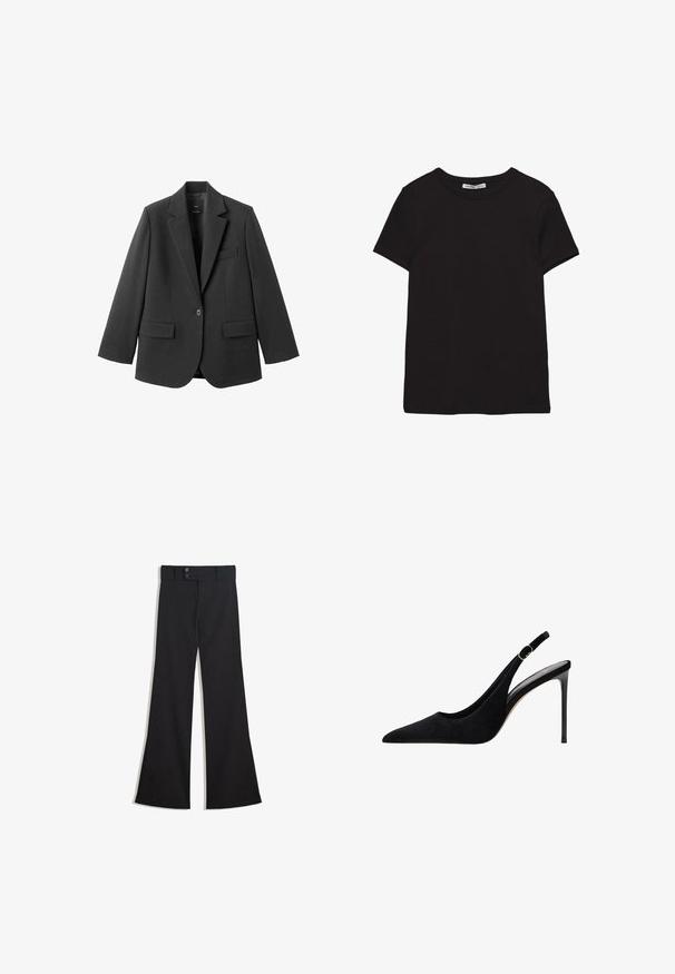 Schwarzer Blazer aus glattem Stoff mit Reverskragen, Ein-Knopf-Verschluss und zwei Vorderentaschen. Einfaches, maßgeschneidertes Design.; Schwarzes, kurzärmliges Baumwoll-T-Shirt mit rundem Halsausschnitt, Standardpassform und sichtbarem innerem Nackenetikett.; Schwarze High-Waist-Hose mit weitem Bein, doppeltem Knopfverschluss am Bund und vorderlichem Reißverschluss, flach auf weißem Hintergrund präsentiert.; Schwarzer Wildleder-Slingback mit hohen Absätzen, spitzer Zehenform, dünnem Absatz und verstellbarem Riemen mit goldfarbenem Akzent.
