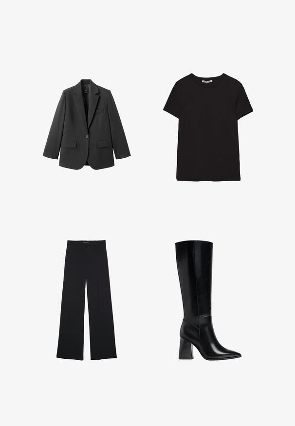 Blazer noir en tissu lisse, doté d'un revers cranté, d'une fermeture à un bouton et de deux poches avant. Design simple et ajusté.; T-shirt noir en coton à manches courtes avec encolure ronde, coupe standard et étiquette intérieure visible au niveau du col.; Pantalon noir à jambes larges avec passants de ceinture, bouton frontal et fermeture éclair, étalé à plat sur un fond blanc.; Bottes noires montantes en cuir lisse, avec un bout pointu et un talon carré avec des rayures verticales. Design minimaliste.
