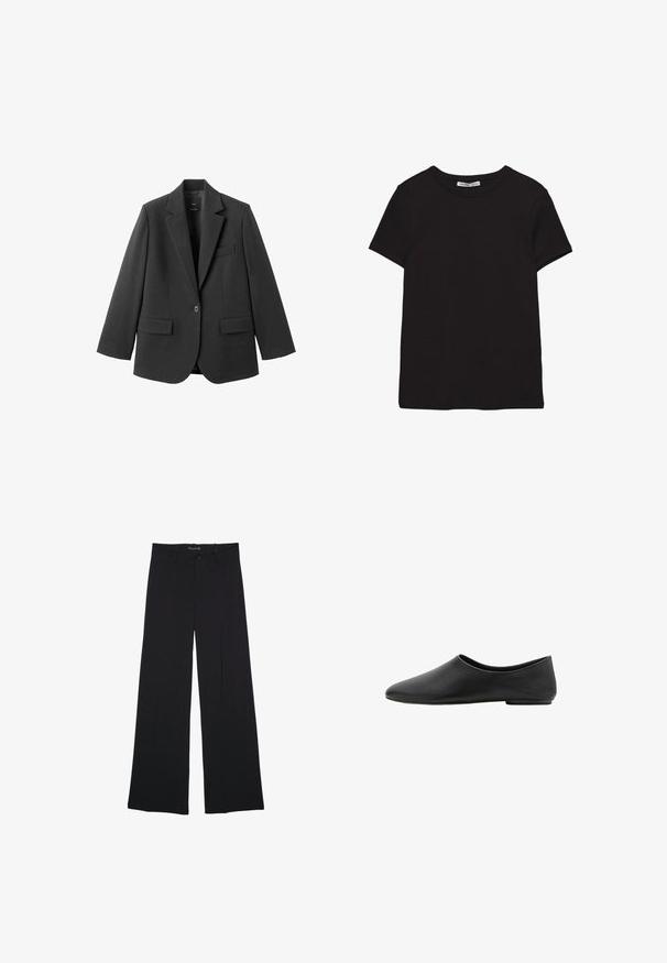 Sort blazer lavet af glat stof med en hakket revers, enkelt knaplukning og to forlommer. Enkel, skræddersyet design.; Sort kortærmet t-shirt i bomuld med rund halsudskæring, standard pasform og synlig indvendig halsmærkat.; Sorte bukser med vide ben, bæltestropper, knaplukning foran og lynlås, lagt fladt på en hvid baggrund.; Sorte minimalistiske flade sko med rund mandelformet tå og lav hæl, glat læderoverdel, slip-on stil.