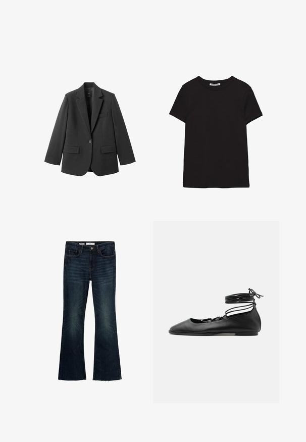 Zwart colbert van gladde stof, met een inkeping op de revers, enkele knoopsluiting en twee voorzakken. Eenvoudig, op maat gemaakt ontwerp.; Zwart katoenen T-shirt met korte mouwen, ronde hals, standaard pasvorm en zichtbaar binnenlabel in de nek.; Uitgebreide donkerblauwe spijkerbroek met vervaagde accenten, vijf zakken en een ruwe zoom. Gemaakt van katoen met een knoopsluiting en riemlussen.; Zwarte leren platte ballerinaschoen met een puntige neus, meerdere dunne bandjes over de bovenkant en veterstrikjes die rond de enkel zijn gewikkeld.