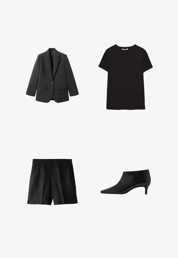 Sort blazer lavet af glat stof med en hakket revers, enkelt knaplukning og to forlommer. Enkel, skræddersyet design.; Sort kortærmet t-shirt i bomuld med rund halsudskæring, standard pasform og synlig indvendig halsmærkat.; Sorte linnedrenge med plisseret front, sidelommer og en afslappet pasform. Stoffet har en glat tekstur og et afslappet design.; Sort læderankelstøvle med spids tå og lavt kittenhæl, designet til elegant og formelt brug.