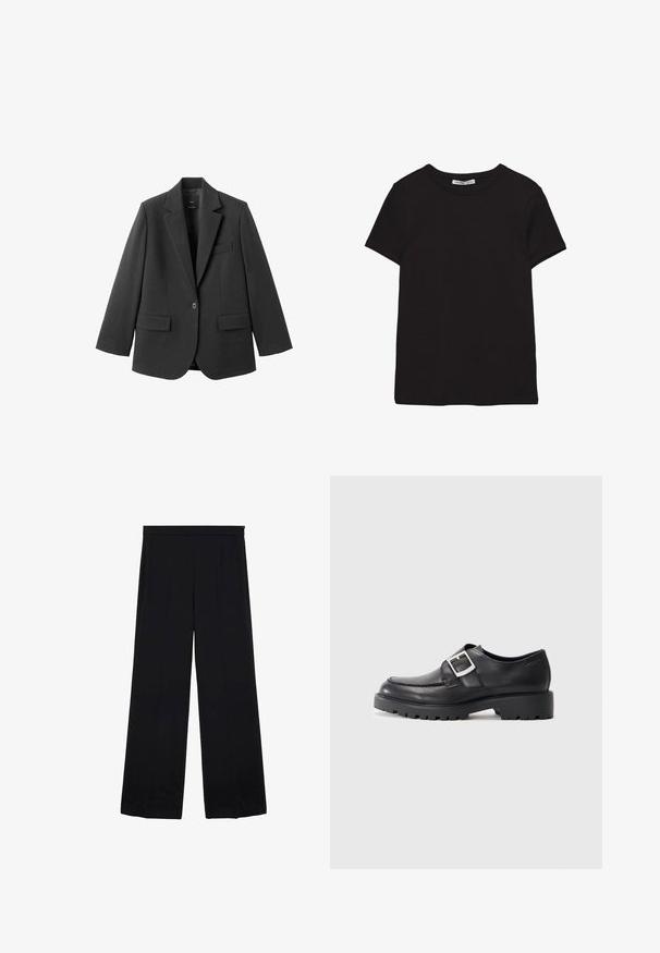Schwarzer Blazer aus glattem Stoff mit Reverskragen, Ein-Knopf-Verschluss und zwei Vorderentaschen. Einfaches, maßgeschneidertes Design.; Schwarzes, kurzärmliges Baumwoll-T-Shirt mit rundem Halsausschnitt, Standardpassform und sichtbarem innerem Nackenetikett.; Schwarze, weit geschnittene Hose aus glattem Material, mit hoher Taille und gefaltetem Frontbereich, die ein sauberes, minimalistisches Design ohne Muster oder Beschläge aufweist.; Schwarze Lederschuhe mit einer abgerundeten Spitze, ausgestattet mit einem seitlichen Schnallen-Detail und einer dicken, robusten Sohle. Glatte Textur mit minimalen Nähten.