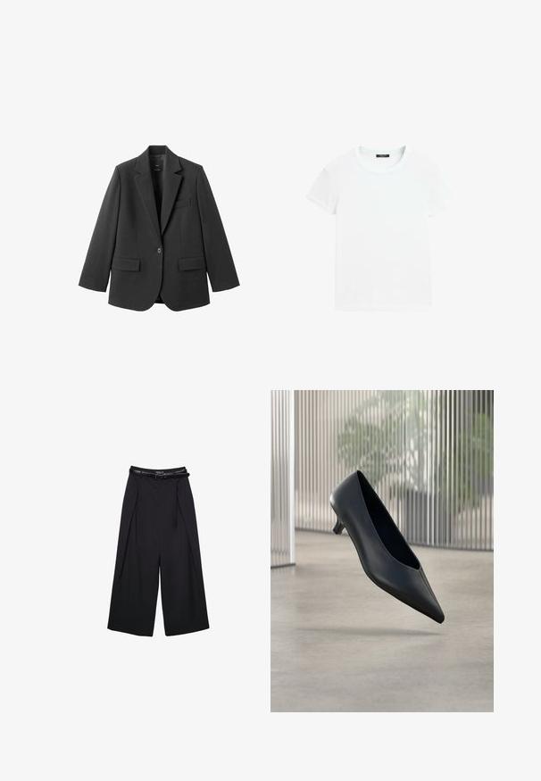 Sort blazer lavet af glat stof med en hakket revers, enkelt knaplukning og to forlommer. Enkel, skræddersyet design.; Hvid t-shirt med korte ærmer og rund halsudskæring, lagt fladt på en hvid baggrund.; Sorte vidde bukser lavet af glat stof, med høj talje og bæltesløjfer, med plisserede detaljer foran og uden synlige mønstre.; Sort spids tå kitten heel sko, der svæver over en glat betongulv med lodrette gennemsigtige paneler i baggrunden.