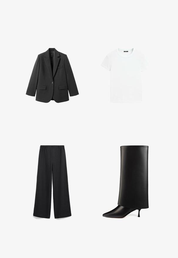 Schwarzer Blazer aus glattem Stoff mit Reverskragen, Ein-Knopf-Verschluss und zwei Vorderentaschen. Einfaches, maßgeschneidertes Design.; Schlichtes weißes T-Shirt mit kurzen Ärmeln und rundem Halsausschnitt, flach auf weißem Hintergrund ausgelegt.; Weiter Schnitt, schwarze Hose mit elastischem Bund. Hergestellt aus leichtem Stoff, mit glatter Textur und ohne sichtbare Muster oder Akzente.; Schwarzer Leder-Ankle-Boot mit einem hohen, strukturierten zylindrischen Schaft und einer spitzen Zehe, sowie einem schmalen Stiletto-Absatz. Glatte Textur.