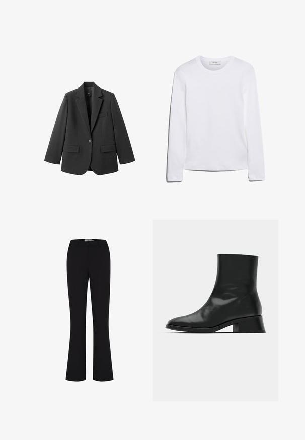 Sort blazer lavet af glat stof med en hakket revers, enkelt knaplukning og to forlommer. Enkel, skræddersyet design.; Langærmet hvid T-shirt lavet af ribbet bomuld, med rund halsudskæring og lige kant. Simpelt design uden mønstre eller accenter.; Sorte flared bukser lavet af et glat stof, med en tætsiddende talje og et enkelt frontdesign uden lommer.; Sort ankelstøvle lavet af blank læder, med et strømlinet design, spids tå og en moderat blokhælhøjde for stabilitet.