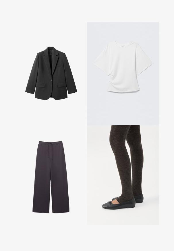 Blazer noir en tissu lisse, doté d'un revers cranté, d'une fermeture à un bouton et de deux poches avant. Design simple et ajusté.; T-shirt blanc oversize à manches courtes avec col rond, devant légèrement froissé, présenté sur un fond gris clair uni.; Pantalons larges gris foncé avec taille élastique et cordon de serrage, fabriqués dans un tissu doux, présentés sur un fond blanc.; Jambes portant des leggings côtelés foncés associés à des ballerines noires avec de petits détails en nœud sur fond blanc.