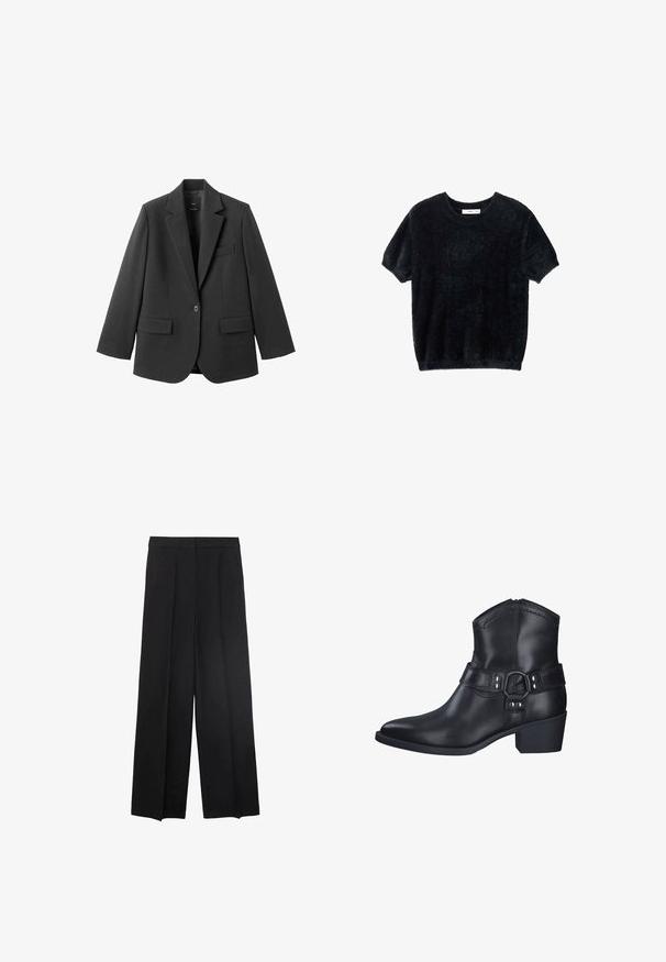 Sort blazer lavet af glat stof med en hakket revers, enkelt knaplukning og to forlommer. Enkel, skræddersyet design.; Sort kortermet sweater lavet af blødt, fuzzystof. Har en rund halsudskæring og en afslappet pasform med en let cropped kant.; Bredde ben sorte bukser med en glat tekstur, med plisseringer foran og en høj talje-design. Ingen synlige lommer eller hardware.; Sort læder ankelstøvle med spids tå og lav blokhæl, med en dekorativ rem med metalakcenter og syningsdetaljer.