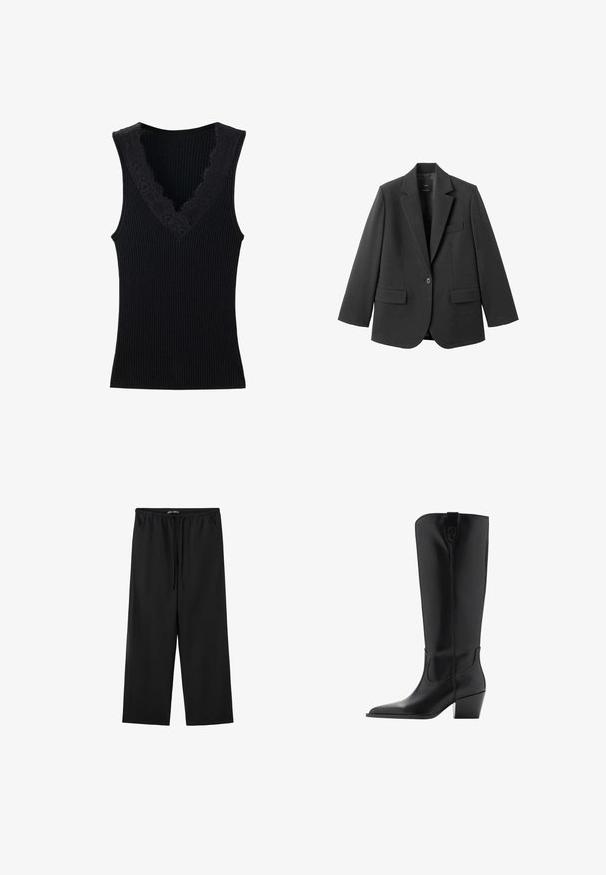 Blazer noir en tissu lisse, doté d'un revers cranté, d'une fermeture à un bouton et de deux poches avant. Design simple et ajusté.; Haut sans manches côtelé noir avec un décolleté en V orné de détails en dentelle florale.; Pantalon noir à jambes larges avec taille élastique et lien de serrage, avec poches latérales et coupe décontractée.; Botte haute en cuir noir avec bout pointu et talon médian incliné, avec une languette de tirage en haut de la tige.