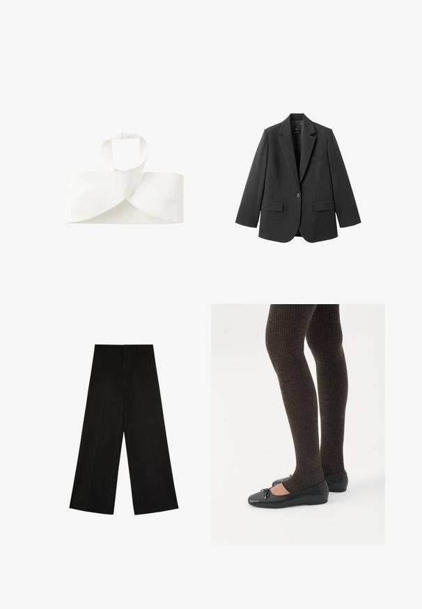 Blazer noir en tissu lisse, doté d'un revers cranté, d'une fermeture à un bouton et de deux poches avant. Design simple et ajusté.; Bandeau blanc en tissu avec un design torsadé à l'avant et une bande élastique à l'arrière pour un maintien ajusté.; Pantalon noir à jambes larges avec fermeture par bouton et zip, passants de ceinture et plis d’avant, posé à plat sur fond blanc.; Jambes portant des leggings côtelés foncés associés à des ballerines noires avec de petits détails en nœud sur fond blanc.