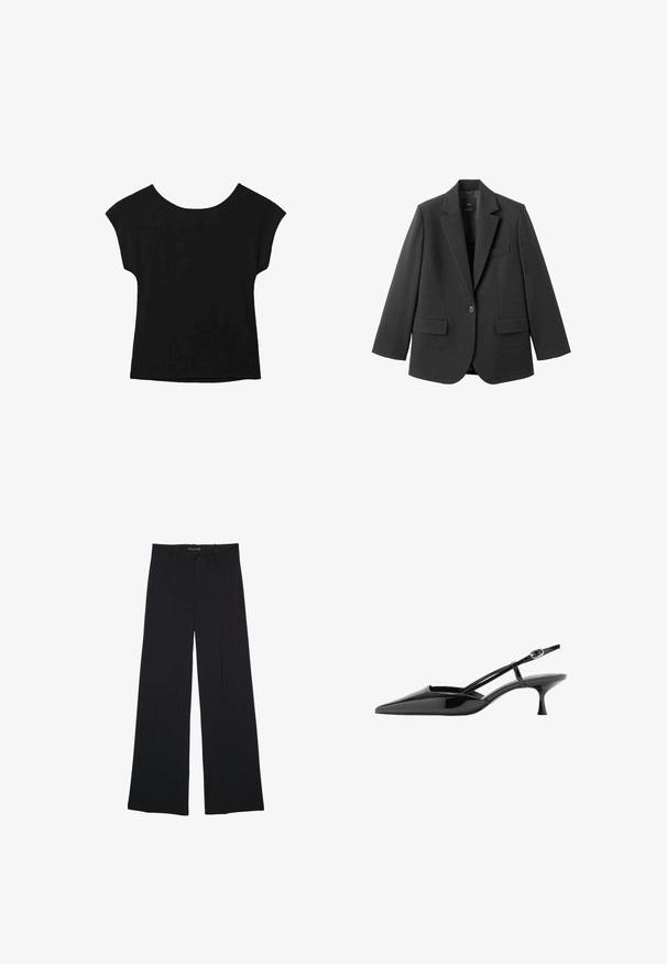Blazer noir en tissu lisse, doté d'un revers cranté, d'une fermeture à un bouton et de deux poches avant. Design simple et ajusté.; Haut noir à manches courtes avec un large col et une coupe ample. Fabriqué en tissu doux sans motifs ni embellissements visibles.; Pantalon noir à jambes larges avec passants de ceinture, bouton frontal et fermeture éclair, étalé à plat sur un fond blanc.; Chaussure noire en cuir verni à bout pointu, talon kitten, fine bride à la cheville avec boucle dorée.