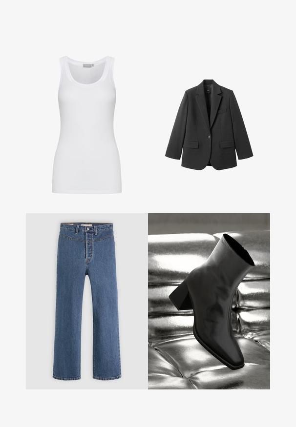 Blazer noir en tissu lisse, doté d'un revers cranté, d'une fermeture à un bouton et de deux poches avant. Design simple et ajusté.; Débardeur blanc en coton avec un col rond et une coupe ajustée. Doté de larges bretelles et d'une texture lisse. Aucun motif ni accent visible.; Jean en denim bleu à jambe droite avec passants de ceinture, fermeture à bouton et détail de couture à l'avant sur un fond blanc.; Botte noire à la cheville en matériau brillant avec un bout carré et un talon effilé, sur un fond argenté brillant et capitonné.