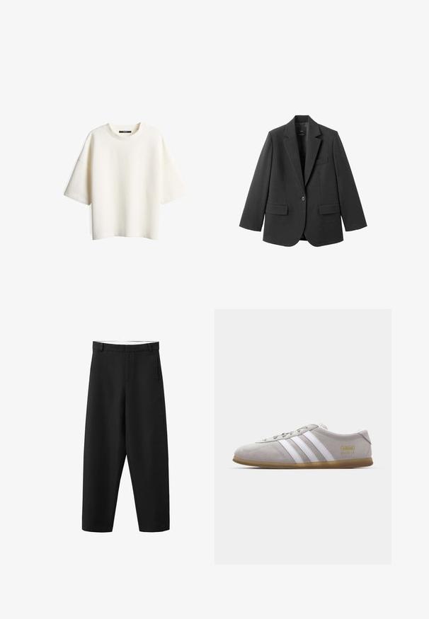 Schwarzer Blazer aus glattem Stoff mit Reverskragen, Ein-Knopf-Verschluss und zwei Vorderentaschen. Einfaches, maßgeschneidertes Design.; Weißes, strukturiertes Kurzarm-T-Shirt mit Rundhalsausschnitt, das eine lockere Passform bietet und keine sichtbaren Verschlüsse oder Muster aufweist.; Schwarze gerade geschnittene Hose mit Gürtelschlaufen, einem Frontreißverschluss und einem sauberen, schlichten Design, geeignet für formelle oder legere Anlässe.; Graue Wildleder-Sneaker mit weißen Lederstreifen und goldenen Logodetails. Flache Gummisohle, abgerundete Zehenpartie und klassisches Schnürverschlussdesign.