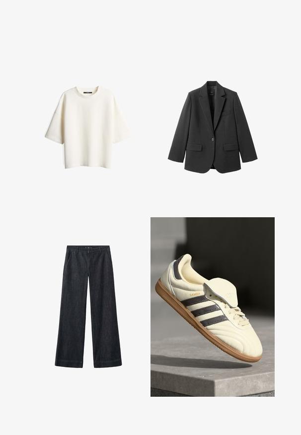 Schwarzer Blazer aus glattem Stoff mit Reverskragen, Ein-Knopf-Verschluss und zwei Vorderentaschen. Einfaches, maßgeschneidertes Design.; Weißes, strukturiertes Kurzarm-T-Shirt mit Rundhalsausschnitt, das eine lockere Passform bietet und keine sichtbaren Verschlüsse oder Muster aufweist.; Weit geschnittene, dunkelblaue Jeanshose mit glatter Textur, Vorderhosentaschen, Gürtelschlaufen und gerade geschnitten, der bis zum Knöchel reicht.; Cremfarbene Ledersneaker mit drei dunklen Streifen, einer braunen Gummisohle und einer abgerundeten Zehenpartie. Hat eine faltbare Zunge, die mit "SAMBA" beschriftet ist.