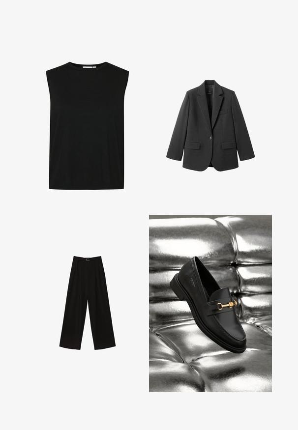 Schwarzer Blazer aus glattem Stoff mit Reverskragen, Ein-Knopf-Verschluss und zwei Vorderentaschen. Einfaches, maßgeschneidertes Design.; Schwarzes ärmelloses Oberteil mit rundem Halsausschnitt, aus einem gerippten Stoff gefertigt, mit lockerer Passform und geradem Saum, entworfen für Komfort.; Schwarze, weit geschnittene Hose mit hoher Taille, ausgestattet mit einem Gürtel in der Taille und Falten für Struktur. Hergestellt aus einem glatten, leichten Stoff.; Schwarze Leder-Loafer mit goldfarbener Hardware. Der Schuh zeichnet sich durch ein elegantes Design und eine glatte, glänzende Oberfläche aus.