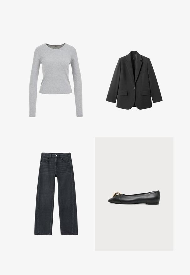Sort blazer lavet af glat stof med en hakket revers, enkelt knaplukning og to forlommer. Enkel, skræddersyet design.; Grå langærmet skjorte lavet af en tekstureret bomuldsblanding, med en rund halsudskæring og en tætsiddende pasform. Ingen synlige mønstre eller udsmykninger.; Viddebukser i mørkegrå denim. Har forlommer og et klassisk fem-lomme design. Knaplukning og subtile falmede detaljer.; Sort læder flad sko med spids tå og gyldent dekorativt spænde foran, sat mod en ensfarvet lys baggrund.