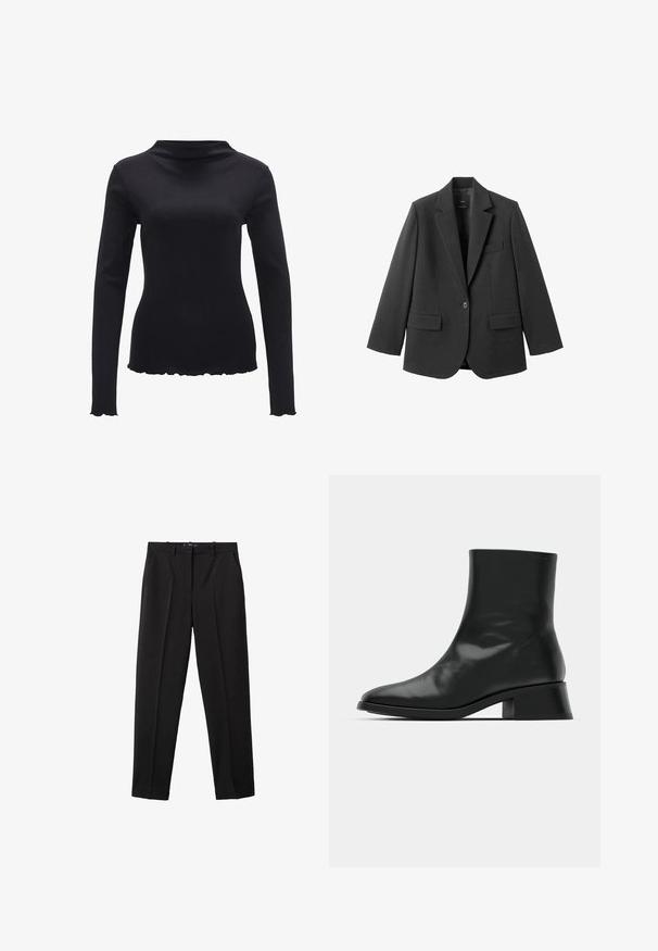 Zwart colbert van gladde stof, met een inkeping op de revers, enkele knoopsluiting en twee voorzakken. Eenvoudig, op maat gemaakt ontwerp.; Zwarte lange mouwen top van gladde stof, met een mock neck ontwerp en een gegolfde zoom. Geen zichtbare patronen of hardwareaccenten.; Zwarte broek gemaakt van gladde stof, met een rechte pasvorm, plooien en een eenvoudig sluitingsontwerp. Klassieke en veelzijdige stijl.; Zwarte enkelboot van glanzend leer, met een slank ontwerp, spitse neus en een gematigde blokhak voor stabiliteit.