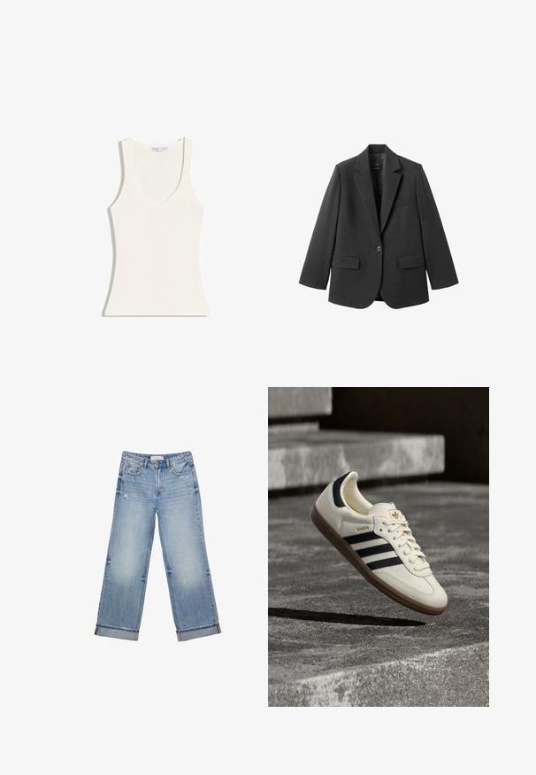 Blazer noir en tissu lisse, doté d'un revers cranté, d'une fermeture à un bouton et de deux poches avant. Design simple et ajusté.; Débardeur blanc côtelé sans manches avec un décolleté profond, une silhouette ajustée et des fines bretelles.; Jean en denim bleu clair avec un design à jambes larges, présentant un ourlet effiloché, un léger effet usé et un style classique à cinq poches.; Baskets blanches Adidas Samba avec des bandes noires et une semelle en gomme, flottant au-dessus de marches en béton gris texturé.