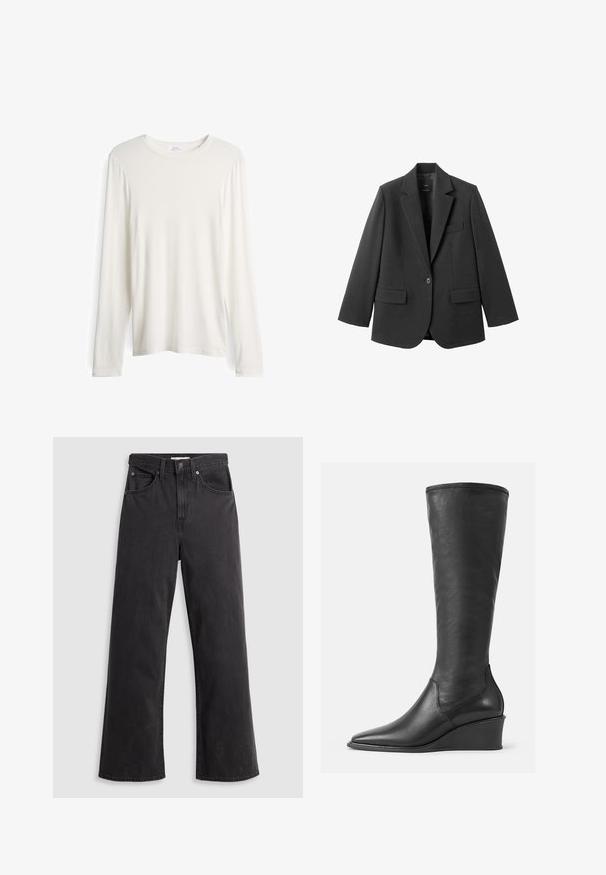 Zwart colbert van gladde stof, met een inkeping op de revers, enkele knoopsluiting en twee voorzakken. Eenvoudig, op maat gemaakt ontwerp.; Langarmshirt van zachte, roomkleurige stof. Ronde hals met rechte snit. Bevat een label op de achterkant van de hals.; Zwarte denim wijde-spijkerbroek met een hoge taille, vijf zakken en een metalen knoopsluiting. De stof heeft een gladde, licht vervaagde textuur.; Knee-high zwarte leren laarzen met een gladde textuur, puntige neus en wiggenhak; heeft een gestikte rand aan de bovenkant.