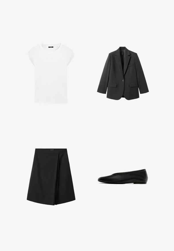 Blazer noir en tissu lisse, doté d'un revers cranté, d'une fermeture à un bouton et de deux poches avant. Design simple et ajusté.; T-shirt blanc uni à manches courtes avec un col rond et des manches raglan, présenté sur un fond blanc.; Jupe noire longueur genou avec une ceinture droite et un détail de pli superposé à l'avant, présentée sur fond blanc.; Chaussure plate noire avec extérieur en cuir lisse, bout arrondi, profil bas, détails minimalistes et semelle flexible.