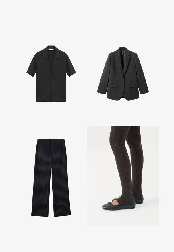 Sort blazer lavet af glat stof med en hakket revers, enkelt knaplukning og to forlommer. Enkel, skræddersyet design.; Mørkegrå kortærmet polo skjorte lavet af blødt stof, med en klapkrave og tre-knaps stolpe foran.; Sorte, smalle stribede bukser med brede ben, glat tekstur og en høj talje. Stoffet har en subtil glans og falder løst.; Ben iført mørke ribbede leggings kombineret med sorte balletsko med små sløjfedetaljer på hvid baggrund.