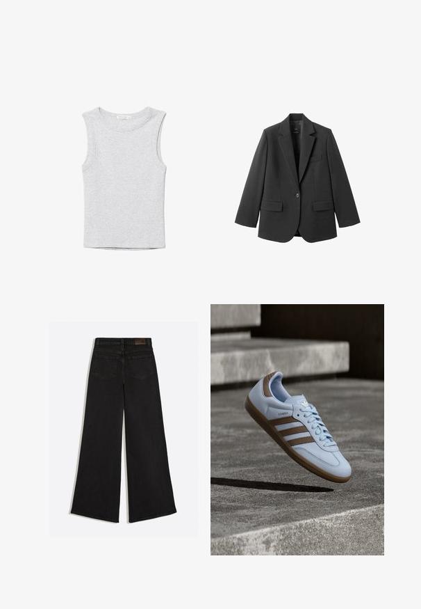 Blazer noir en tissu lisse, doté d'un revers cranté, d'une fermeture à un bouton et de deux poches avant. Design simple et ajusté.; Débardeur court gris clair sans manches avec encolure ronde, en tissu tricoté doux.; Jean en denim noir à jambes larges vu de dos avec deux poches arrière et des passants de ceinture à la taille.; Baskets bleu clair avec accents en daim marron, présentant trois bandes latérales, des lacets plats et une semelle en gomme texturée. Logo de la marque sur la languette.