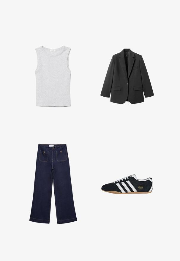 Blazer noir en tissu lisse, doté d'un revers cranté, d'une fermeture à un bouton et de deux poches avant. Design simple et ajusté.; Débardeur court gris clair sans manches avec encolure ronde, en tissu tricoté doux.; Pantalon en jean large bleu foncé à taille haute, poches plaquées à l'avant fermées par des boutons en métal et détails de coutures visibles.; Sneakers en suede noir avec trois bandes blanches, logo doré et semelle en caoutchouc marron. Présente un design à lacets à profil bas.