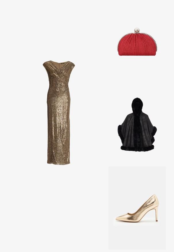 Zwarte faux fur poncho met een capuchon, zachte textuur en een contrasterende pluche afwerking langs de randen en de middenopening.; Gouden avondjurk zonder mouwen met pailletten, een V-hals wikkelontwerp en een aansluitende lange silhouet.; Gouden metallic hoge hakpomp met een spitse neus en een gladde textuur. Beschikt over een gesloten hiel en een slanke, elegante stilettoontwerp.; Rode stoffen clutch met geplooide structuur, zilveren rand versierd met kleine parels en een grote parelsluiting bovenop.