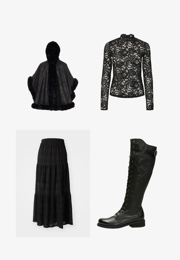 Poncho en faux fourrure noire avec capuche, texture douce et un bord en velours contrastant le long des bords et de l'ouverture centrale.; Haut en dentelle noire à manches longues avec col haut agrémenté d'une bordure à volants, motifs floraux et texture transparente. Conçu pour un ajustement près du corps.; Jupe maxi noire en tissu texturé, avec un design à volants, une taille froncée et de subtils motifs ondulés sur l'ensemble.; Botte en cuir noir hauteur genou avec un laçage à l'avant, œillets en métal argenté et boucle sur le côté. Présente une finition texturée et un talon empilé.