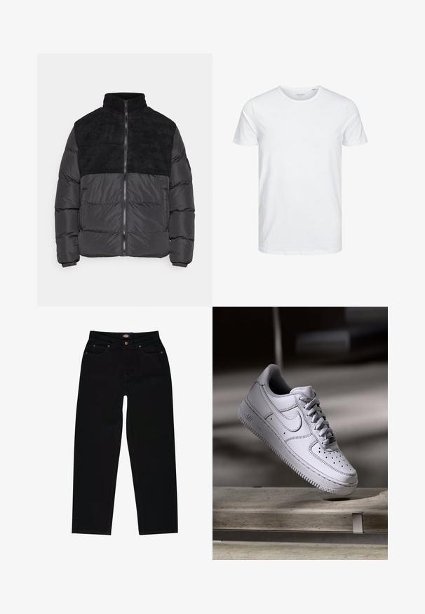 Night Addict ABEYTAU - Chaqueta de invierno - black; Camiseta de manga corta y cuello redondo en blanco sólido, fabricada en algodón suave, presenta un diseño simple sin patrones ni acentos visibles.; Vaqueros de mezclilla negra con corte recto, que cuentan con cinco bolsillos, costuras marrones y cierre de cremallera. Textura suave y material duradero.; Zapatilla Nike Air Force 1 de cuero blanco que presenta una puntera perforada, cordones planos y una suela de goma texturizada con la marca "AIR" en el lateral.