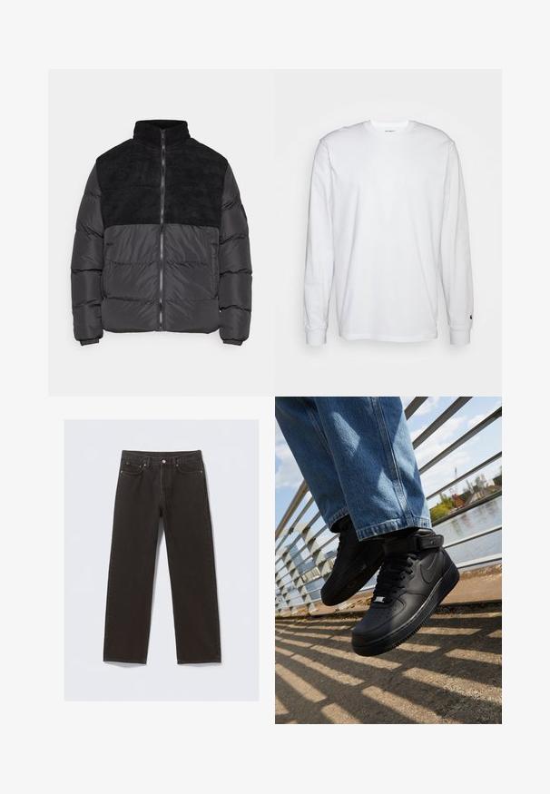 Night Addict ABEYTAU - Vinterjakker - black; Hvid langærmet T-shirt lavet af bomuld. Rund halsudskæring med ribbede manchetter og et lille logo på venstre ærme. Glat tekstur.; Svarte denimjeans med straight-leg design, fem lommer og kobberfarvet syning. Glat tekstur, klassisk knaplukning i taljen.; Sorte Nike Air Force 1 sneakers med læderoverdel, mesh-tunge og gummisål, der har et høj-top design og tykke snørebånd.