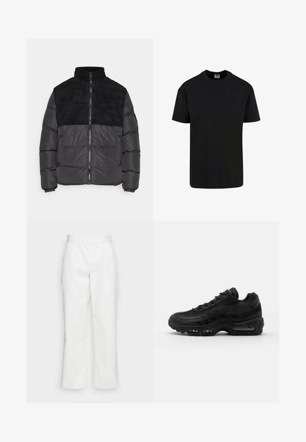 Night Addict ABEYTAU - Vinterjakker - black; Urban Classics SHORTSLEEVE - T-shirts basic - black; Hvide bomuldsbukser med lige ben-design, bæltestropper og sidelommer, med en glat overflade og minimal detajlering.; Nike Sportswear AIR MAX 95 ESSENTIAL - Sneakers - black/dark grey