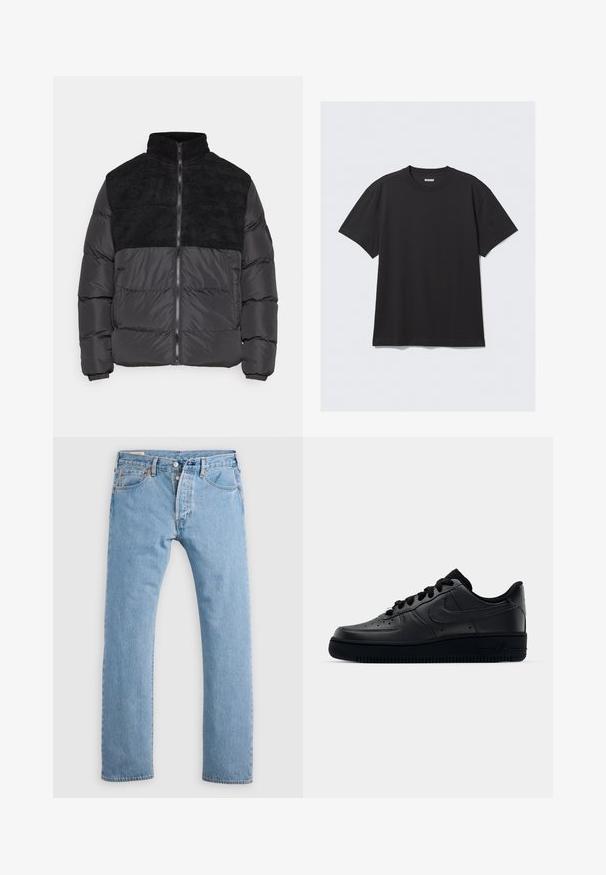 Night Addict ABEYTAU - Winterjacke - black; Schwarzes T-Shirt mit kurzen Ärmeln aus Baumwolle. Hat einen Rundhalsausschnitt und eine lockere Passform. Einfaches Design ohne sichtbare Muster oder Akzente.; Hellblaue gerade geschnittene Jeans aus Denim mit Knopfverschluss, Gürtelschlaufen sowie Vorder- und Hintertaschen, auf einem weißen Hintergrund präsentiert.; Schwarzer Nike Air Force 1 Schuh mit einem glatten Lederoberteil, perforierter Zehenpartie für Atmungsaktivität, schwarzen Schnürsenkeln und einer strukturierten Gummisohle.