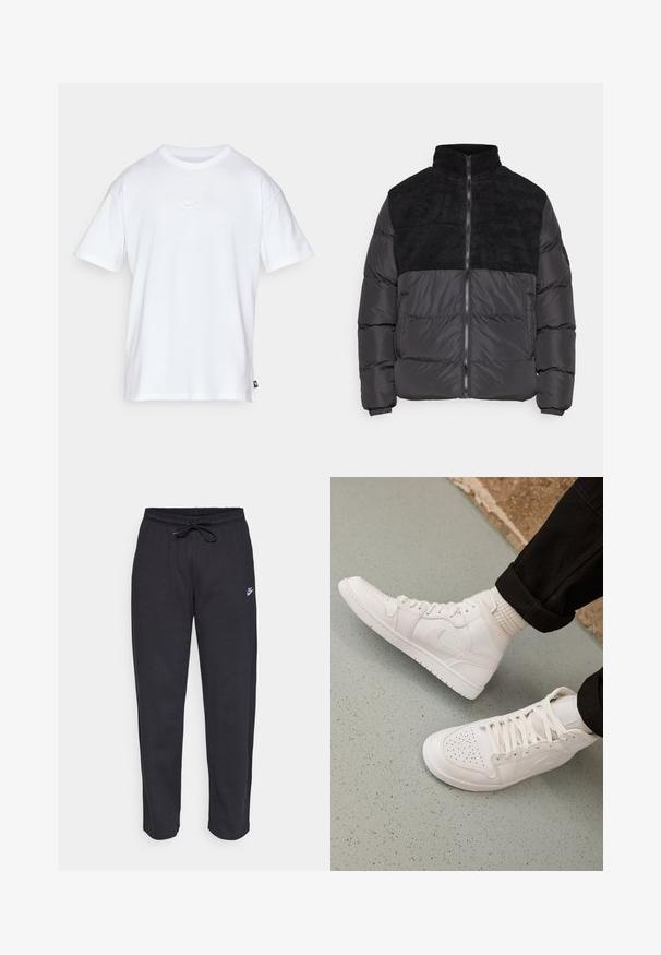 Night Addict ABEYTAU - Talvejope - black; Valge puuvillane t-särk lühikeste varrukatega ja ümmarguse kaelusega. Sellega on kaasas väike, tagasihoidlik Nike logo rinnal ja külgmine silt.; Mustad mustad, pehmest kangast, elastse vöökoha, nööriga ja väikese Nike logo'ga vasakul reiel.; Valged kõrged spordijalatsid sujuvast nahast, millel on perforatsioonidega varvas, paeltega sulgemine ja diskreetne logodetail küljel. Tekstuuriga kummitald.