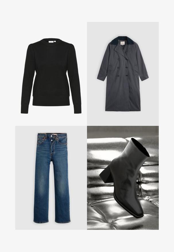 Manteau trench gris foncé avec un design à double boutonnage, large col à revers en marine, poches latérales et manches longues.; Pull en tricot noir avec des manches longues, un col rond et des poignets et un ourlet côtelés. Présente des manches légèrement bouffantes pour une texture ajoutée.; Jean en denim bleu foncé avec une coupe décontractée. Comprend un style à cinq poches, une fermeture à boutons et un léger délavage sur les cuisses.; Botte noire à la cheville en matériau brillant avec un bout carré et un talon effilé, sur un fond argenté brillant et capitonné.