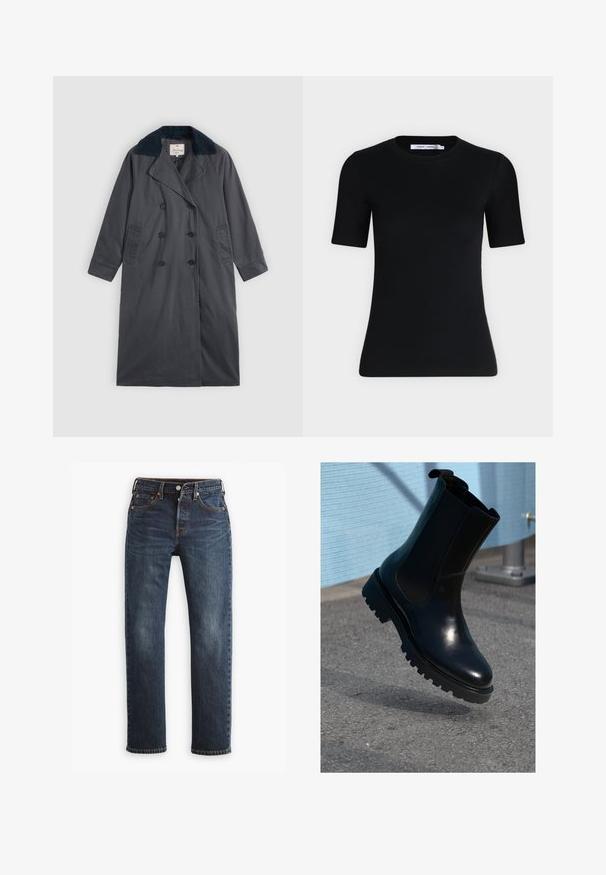 Mørkegrå trenchcoat med dobbeltradet design, stor klapkrave i marineblå, sidelommer og lange ærmer.; Sort tætsiddende T-shirt med korte ærmer og rund halsudskæring, med et mærke indvendigt i kraven mod en ensartet lys baggrund.; Levi's® 501® JEANS FOR WOMEN - Jeans Straight Leg - same intent; Sort ankelstøvle i læder med elastiske sidepaneler, rund tå og en tyk, tekstureret sål. Glat finish med et minimalistisk design.