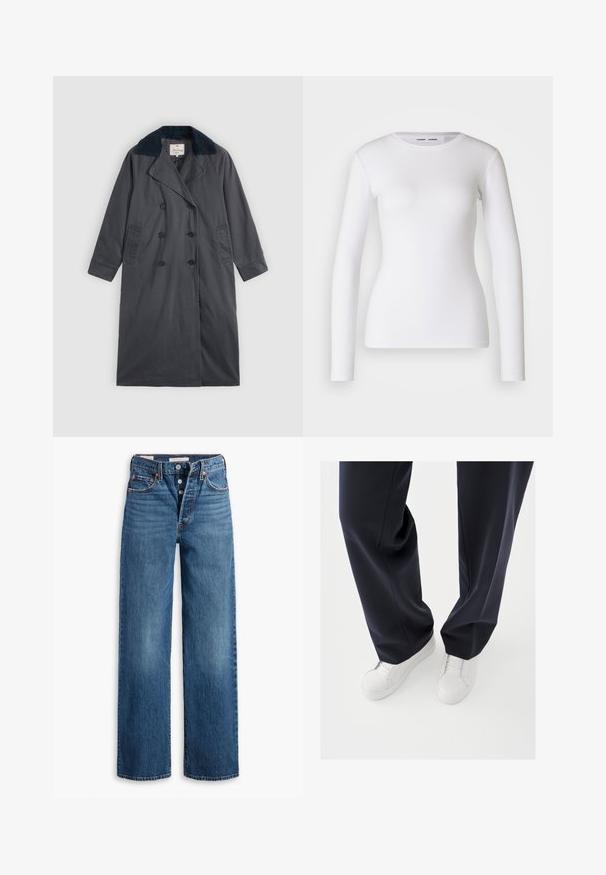 Manteau trench gris foncé avec un design à double boutonnage, large col à revers en marine, poches latérales et manches longues.; Chemise blanche à manches longues en tissu côtelé, avec un col rond et une coupe cintrée. Aucun motif ni accent présent.; Jean en denim bleu avec une coupe large, cinq poches, braguette à boutons et piqûres contrastées. Tissu texturé avec un fini délavé.; Baskets blanches avec semelles en caoutchouc texturées et lacets plats, associées à un pantalon bleu marine foncé affichant un tissu fluide et ample et une coupe ajustée.