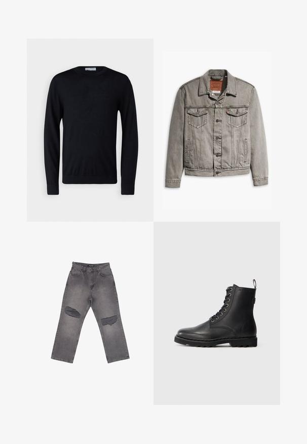 Grijze denimjack met een puntige kraag, drie voorkruisen, knoopsluiting en contrasterend stiksel op de mouwen en het lichaam.; Zwarte trui met lange mouwen en ronde hals met geribde manchetten en zoom, afgebeeld tegen een witte achtergrond.; Grijze spijkerbroek met hoge taille, brede pijpen en grote versleten plekken op beide knieën, met voorzakken en riemlussen.; Zwarte leren enkellaars met ronde neus, vetersluiting en metalen oogjes. Beschikt over een gestructureerde zool en een trekstrip aan de hiel voor gemakkelijk aan- en uittrekken.