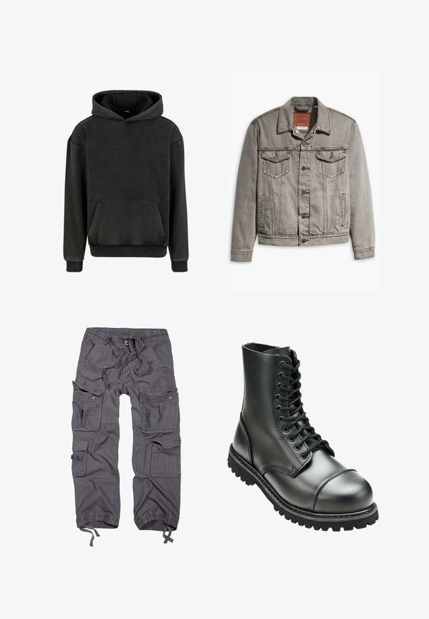 Graue Jeansjacke mit spitzem Kragen, drei Fronttaschen, Knopfverschluss und kontrastierendem Stich auf Ärmeln und Körper.; Urban Classics Kapuzenpullover - magnet; Graue Cargo-Hosen mit mehreren Taschen, verstellbarem Bund, Knopfverschluss, schmal zulaufenden Säumen und einer strukturierten Stoffoberfläche.; Schwarze Lederkampfstiefel mit hohem Knöchel, runder Zehenpartie, Schnürung vorne und robustem Gummisohle mit tiefem Profil für besseren Grip.