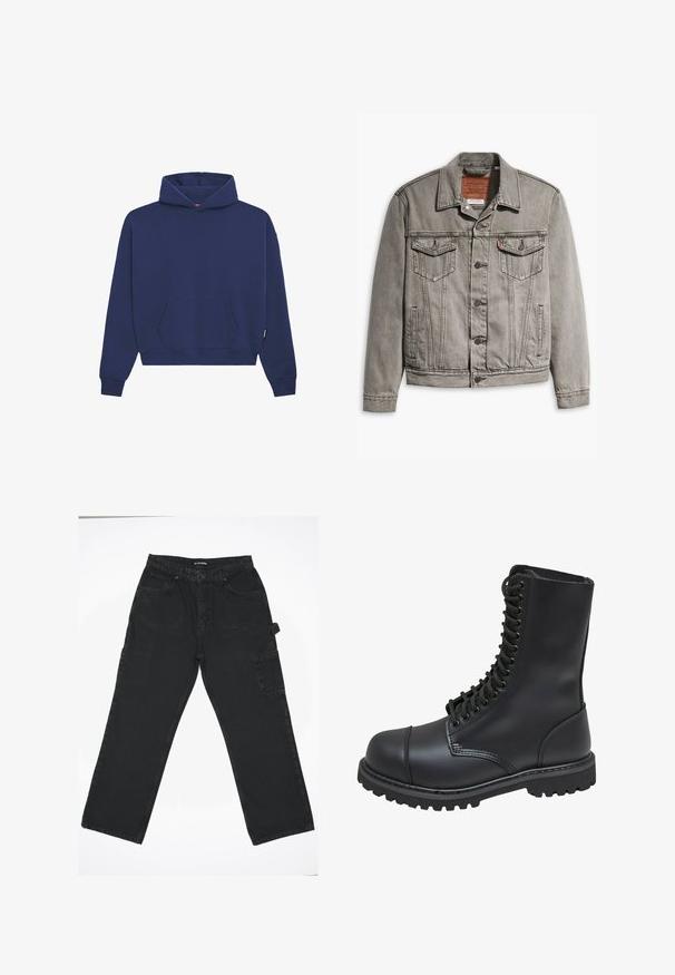 Grå denimjakke med spids krave, tre forlommer, knaplukning og kontraststing på ærmerne og kroppen.; Mørkeblå sweatshirt lavet af fleece materiale, med en front kangaroo lomme, ribbede manchetter og en afslappet pasform med en snor i hætten.; Sorte denimbukser med lige ben-design, der har en frontknaplukning, baglommer og en sidelomme.; Sort læder kampstøvle med høj skaft, snørebånd foran, polstret krave og en robust tekstureret sål for godt greb. Har forstærket tåhætte.