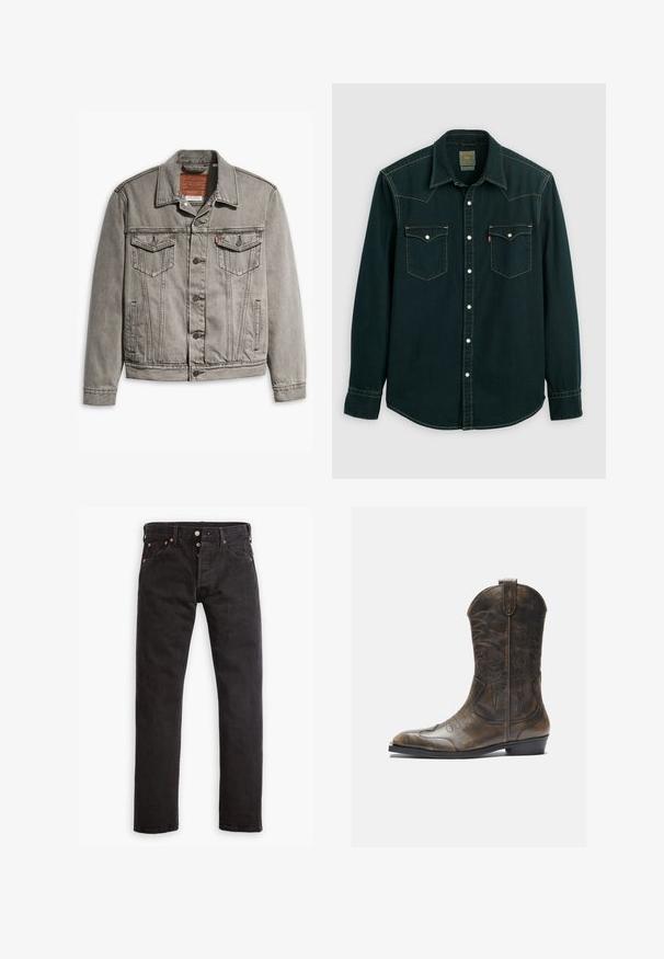 Graue Jeansjacke mit spitzem Kragen, drei Fronttaschen, Knopfverschluss und kontrastierendem Stich auf Ärmeln und Körper.; Dunkelgrüne Button-up-Hemd aus Denim-Stoff, mit zwei Brusttaschen mit Druckknöpfen, kontrastierenden gelben Nähten und klassischem Kragen.; Schwarze Slim-Fit-Jeans mit Knopfverschluss, fünf Taschen und kupferfarbenen Nieten flach auf einem weißen Hintergrund ausgelegt.; Braune Leder-Cowboystiefel mit hohem Schaft, spitzem Zehenbereich, aufwendigen Stickmustern und kleinem Absatz. Strukturierte Oberflächenbeschaffenheit.