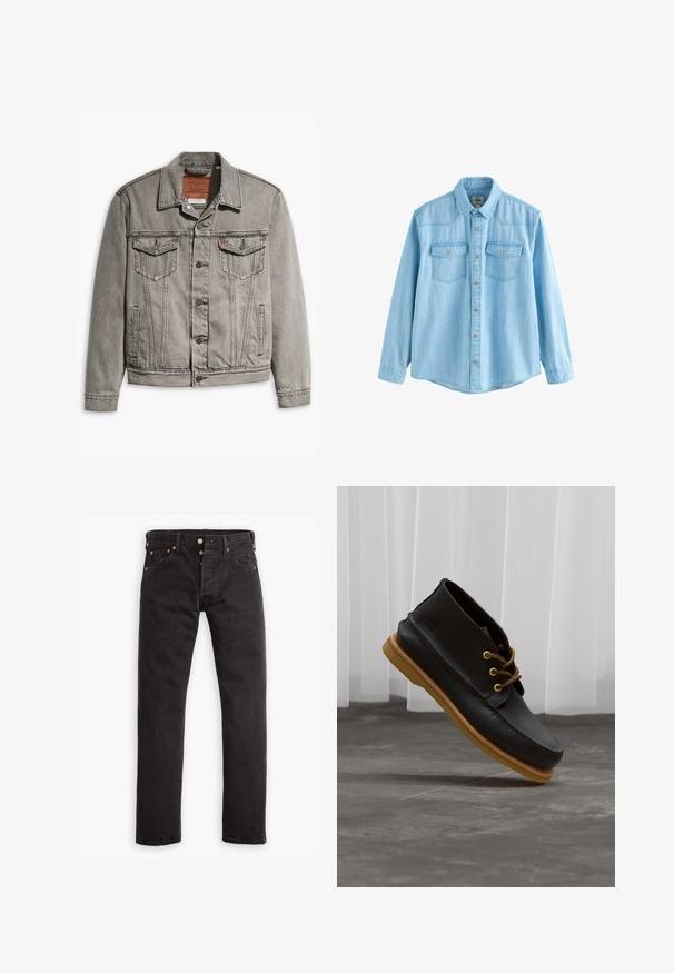 Grijze denimjack met een puntige kraag, drie voorkruisen, knoopsluiting en contrasterend stiksel op de mouwen en het lichaam.; Lichtblauw denim hemd met lange mouwen, knoopsluiting aan de voorkant en twee borstzakken met kleppen en knopen.; Zwarte slim-fit jeans met knoopsluiting, vijf zakken en koperen klinknagels, plat gelegd op een witte achtergrond.; Zwarte leren schoenen met een gladde afwerking, ronde neus, bruine veters en lichtbruine rubberen zolen. Logo gegraveerd aan de zijkant.