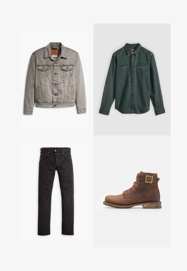 Graue Jeansjacke mit spitzem Kragen, drei Fronttaschen, Knopfverschluss und kontrastierendem Stich auf Ärmeln und Körper.; Dunkelblaues Denimhemd mit langen Ärmeln, Druckknopfverschluss, Western-Style Passe und zwei Brusttaschen. Mit kontrastierenden Nähten und einfarbiger Struktur.; Schwarze Slim-Fit-Jeans mit Knopfverschluss, fünf Taschen und kupferfarbenen Nieten flach auf einem weißen Hintergrund ausgelegt.; Harley Davidson VNTGMOTO SHORT RIDING APPROVED - Cowboy-/Bikerstiefelette - brown