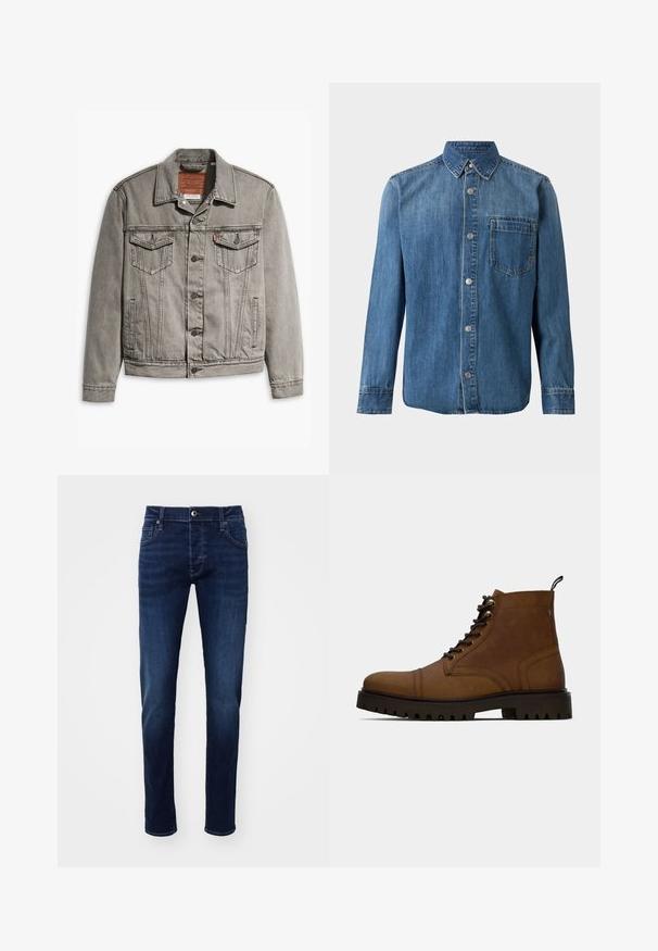 Grijze denimjack met een puntige kraag, drie voorkruisen, knoopsluiting en contrasterend stiksel op de mouwen en het lichaam.; Blauw denim overhemd met lange mouwen, knopen aan de voorkant, puntige kraag en één borstzak op een witte achtergrond.; Donkerblauwe slim-fit spijkerbroek met knoop aan de voorkant, zakken, riemlussen en subtiele vervaging details op de benen.; Bruine leren veterschoenen tot de enkel met dikke zwarte profielzool en een trekband op een witte achtergrond.